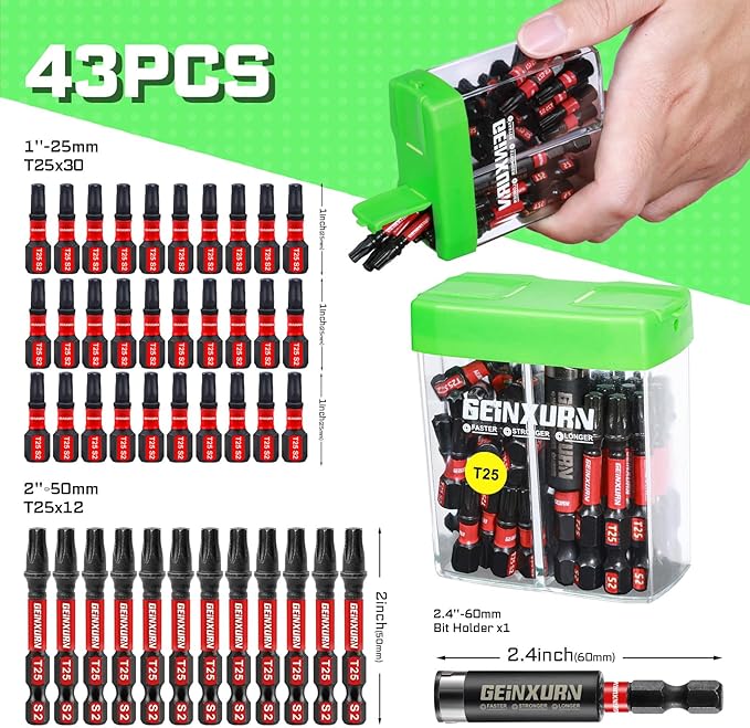 Impact #25 Torx Screwdriver Bits Set,43 Pcs Magnetic1"/2" T25 S2 Steel Driver Bits with Storage Colorful Box