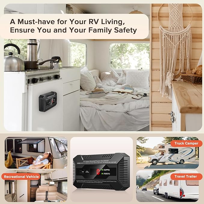 Nuleto RV Dual LP/CO Alarm，RV Carbon Monoxide & Propane Gas Detector with Separate LED Indicator Light, Early Warning to Ensure RV Camping Safety Travel (with 1 Bracket), Black