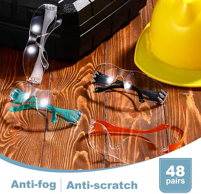 Weewooday 48 Pairs Clear Safety Glasses Bulk for Women Men Anti Fog Safety Goggles Eye Protection Impact Scratch Resistant Protective Eyewear for Work Lab Construction Carpentry Shooting, 4 Colors