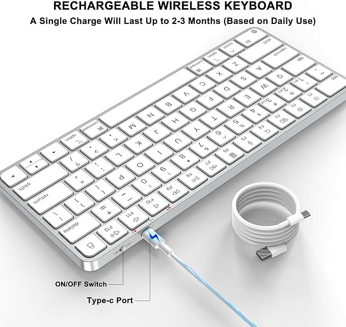 Wireless Keyboard for Mac, Bluetooth/2.4G USB Dual-Channel Connection, Multi Device, Rechargeable Bluetooth Keyboard Compatible with Mac, iPad, iPhone