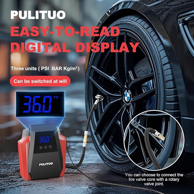 PULITUO Tire Inflator Portable Air Compressor - Car Accessories 12V DC Air Pump for Car Tires with Digital Pressure Gauge, Emergency LED Light for Wheel,Bike, Ball, Motor