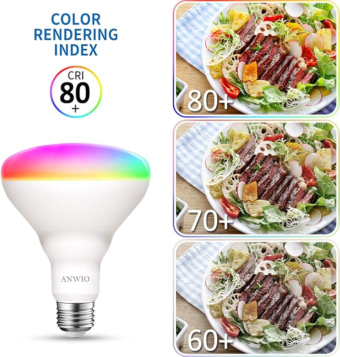 ANWIO Smart Light Bulb BR30 RGB Color Changing LED WiFi Dimmable Multicolor Light Bulbs E26 Base, Compatible with Alexa, Google Assistant, No Hub Required, 1300 Lumen 13W (100W Equivalent) 4 Pack
