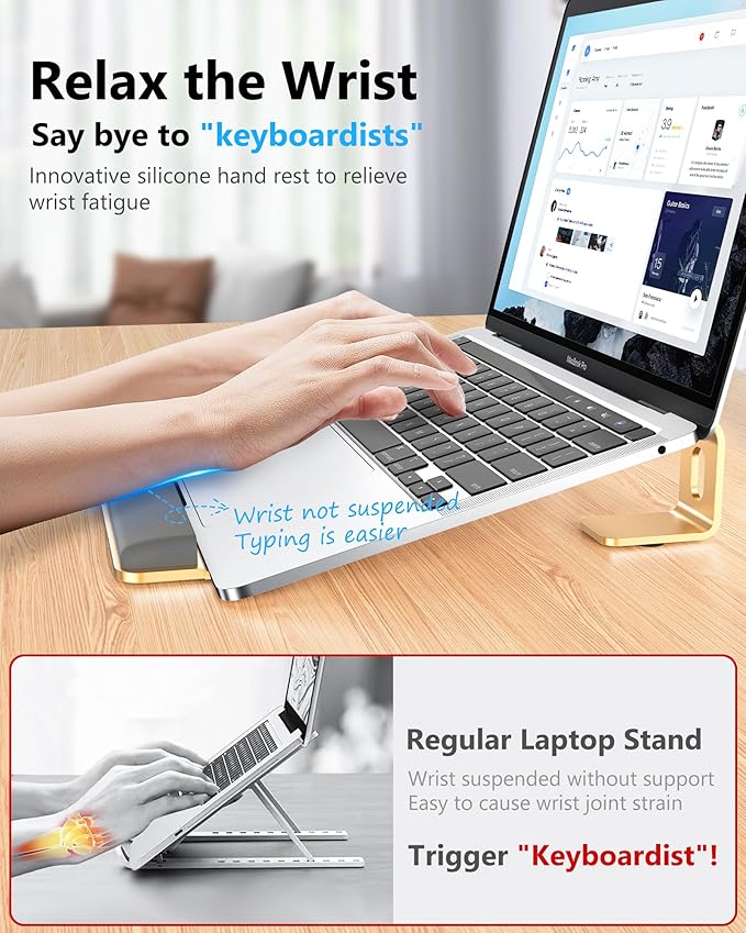 NTMY Laptop Stand for Desk With Wrist Support Pad, Aluminum Computer Stand, Ventilated Ergonomic for MacBook/HP/Dell/Acer/Lenovo, 10-17.3'' - Gold