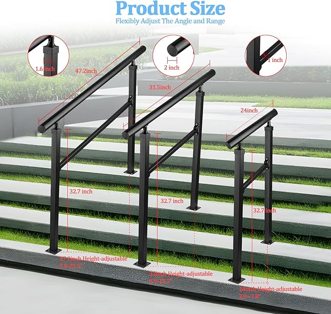 Handrails for Outdoor Stairs,3-4 Step Hand Rails for Outdoor Steps, Reinforced Wrought Iron Railing, Black Exterior Hand Railing for Porch, Deck, or Indoor Stairs