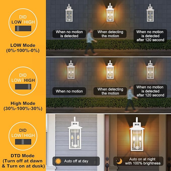 White Motion Sensor Light Outdoor, 18" ETL Listed Outdoor Lights with Sensor Detection, 2-Light Aluminum White Exterior Light Fixture with E12 Socket, Outside House Lights Wall Mount