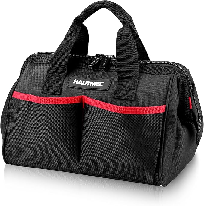 HAUTMEC 12 Inch Tool Bag, 1680D Oxford Fabric Wide Mouth Tool Organizer with Double Zipper, Compact Utility Tote with Non-Slip Base & Multiple Pockets, Small Tool Storage – HT0286