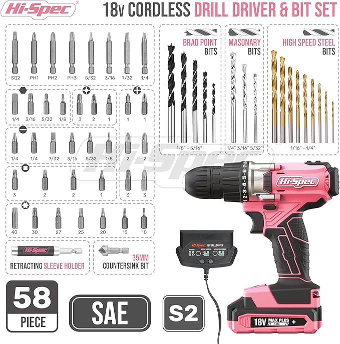 Hi-Spec 58pc 18V Pink Womens Cordless Electric Power Drill Driver and Screw Bit Set in a Portable Case for Wood, Plastics, Drywall and Light Metal Drilling