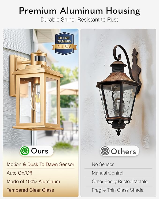 VIANIS Motion Sensor Outdoor Wall Lights Sconce, 2 Pack Dusk to Dawn Outdoor Light Fixture, Gold Waterproof Outdoor Motion Sensor Light for House, Doorway, Entryway, Garden,Hardwired, Non-Solar