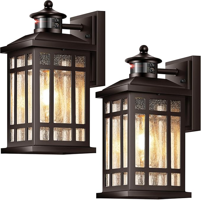 Porch Lights Outdoor with Motion Sensor, 2 Packs Oil Rubbed Bronze Outside Lantern Fixtures Wall Mount, Aluminium Anti-Rust Exterior Wall Light, Dusk to Dawn Coach Light for Garage Patio Entry