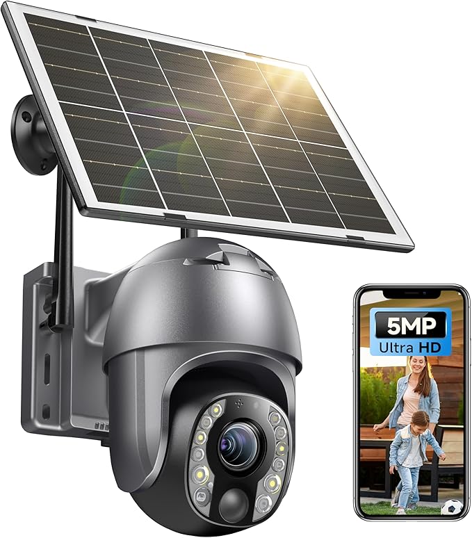 SEHMUA Security Cameras Wireless Outdoor with 5MP Resolution, 10x Optic Zoom, 360° Panoramic View, 10400mAh Battery, Solar Powered, Color Night Vision, PIR Detection, IP65 Watherproof for Home (Grey)