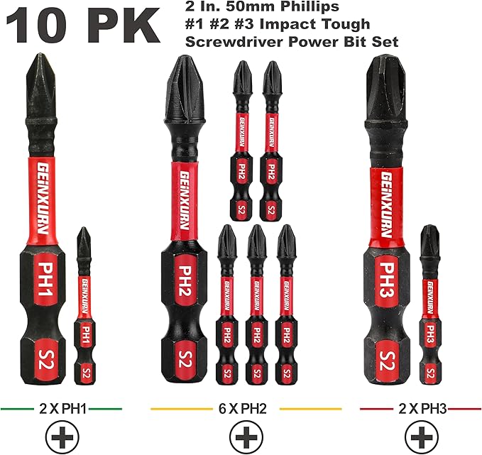 Anti-slip Hex Impact Tough Magnetic Screwdriver Bits Set 2 in. PH1/PH2/PH3 Insert Driver Bits,10Pack 1/4 Inch Hex Shank Phillips Cross Screwdriver Bits Set