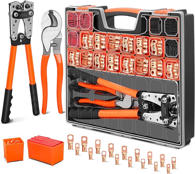 Kuject Battery Cable Lug Crimping Tool Kit with Copper Wire Lug AWG 1 2 4 6 8 1/0 Gauge, Wire Crimper for AWG 10-1/0 with Cable Cutter, 110PCS Battery Cable Ends with 110PCS 3:1 Heat Shrink Tubing