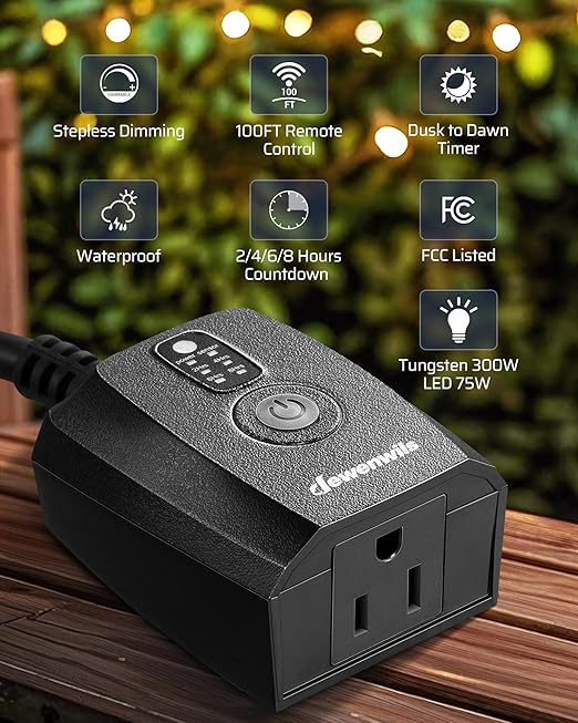 DEWENWILS Dusk to Dawn Dimmer, Wireless Remote Control, Waterproof Dimmable Plug with Timer, 100 FT Range, Outdoor Dimmer for String Light, Patio Lights, FCC Certified