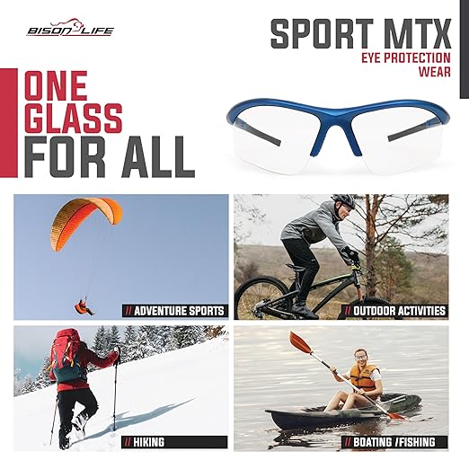 BISON LIFE Sport MTX Clear Safety Glasses with Blue Temple, ANSI Z87+, Impact Resistant, Anti-Scratch UV Protection Lens for Shooting, Yard Work, Cycling, and Outdoor Activities (1 Pack)