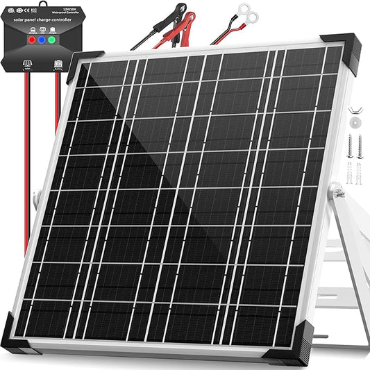 Solar Panel Kit 20W 12V, Solar Battery Trickle Charger Maintainer, Waterproof Solar Panel + Upgrade Charge Controller + Adjustable Mount Bracket for Boat RV Motorcycle Marine