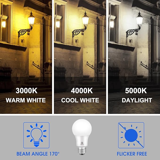 Dusk to Dawn LED Outdoor Light Bulb, 75 Watt Equivalent, 9W 1100 Lumens, 3000K Warm White LED Light Bulbs, E26 Base, Automatic On/Off Sensor Light Bulb for Porch, Hallway, Garage, ETL Listed, 4-Pack