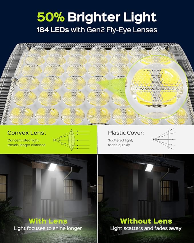 JACKYLED Solar Lights Outdoor Waterproof, Motion Sensor Security Flood Lights Convex Lens Amplified 50% Brighter with 16.4ft Extension Cord, Security Lights for Barn, Porch, Backyard,3-Pack