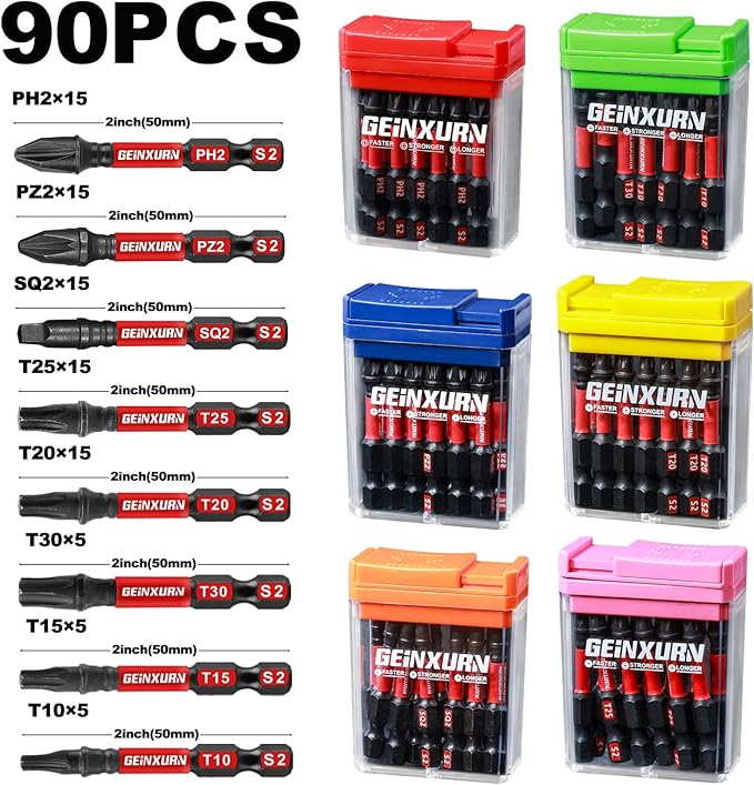 90 Pieces Impact Screwdriver Bits Set with Colorful Boxes, 2" Magnetic (PH2,PZ2,SQ2,T10,T15, T20,T25,T30) S2 Steel Multi Driver Bits