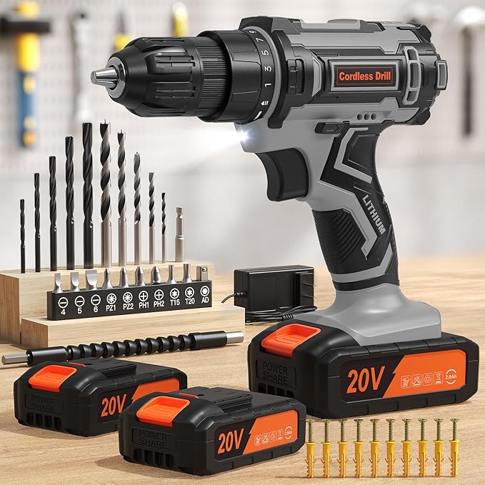 Cordless Drill, 20V Power Drill, Double 2000mAh Power Pack Electric Drills, Cordless Drills with Power Pack and Charger, 3/8" Keyless Chuck Screwdriver with 25+1 Max 370 In-lb Torque, 42Pcs Bits