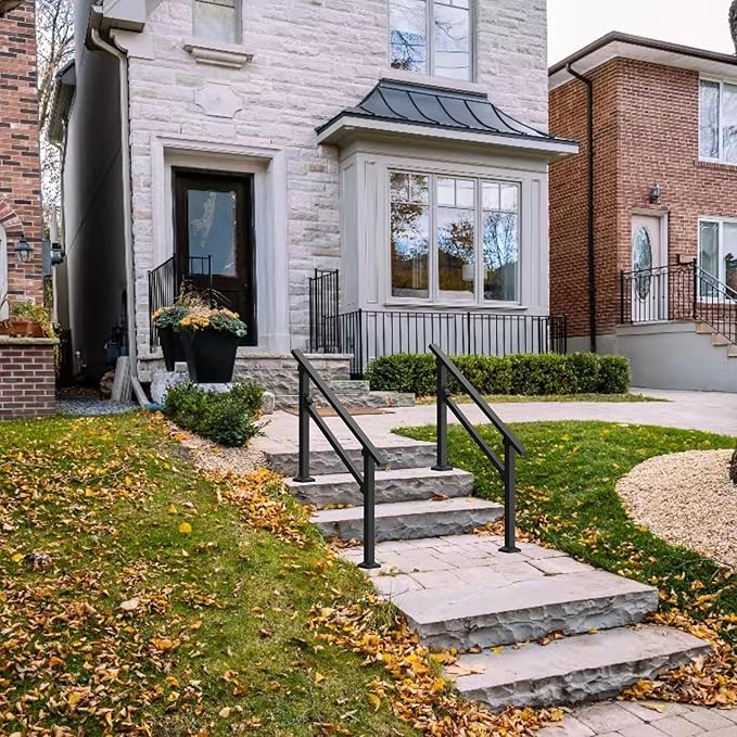 Wrought Iron Handrails for Outdoor Steps - Exterior Hand Rails for Concrete Steps Outside Metal Stair Railing Porch 3 Step