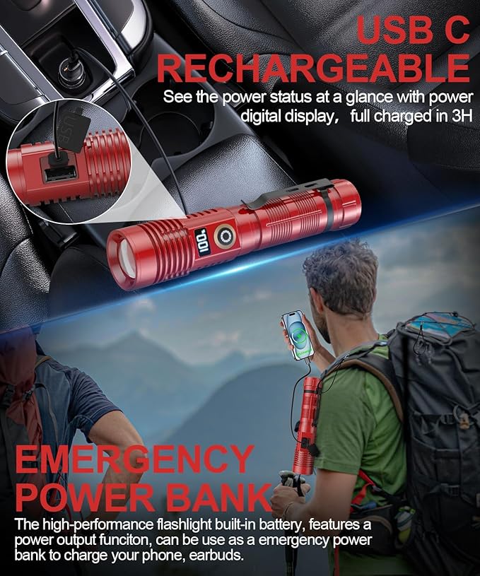 Rechargeable Flashlight High Lumens- Super Bright Magnetic Flash Light with Power Digital Display, Long Range,Dimmable,Waterproof,Pocket Tactical LED Flashlights for Emergency,Red 1PC