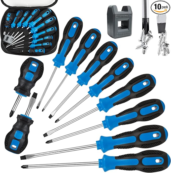 Magnetic Screwdriver Set 10 PCS,5 Phillips 5 Flat Head Precision Screwdriver, Professional Cushion Grip and Non-Slip for Repair Home Improvement Craft, Blue & Black
