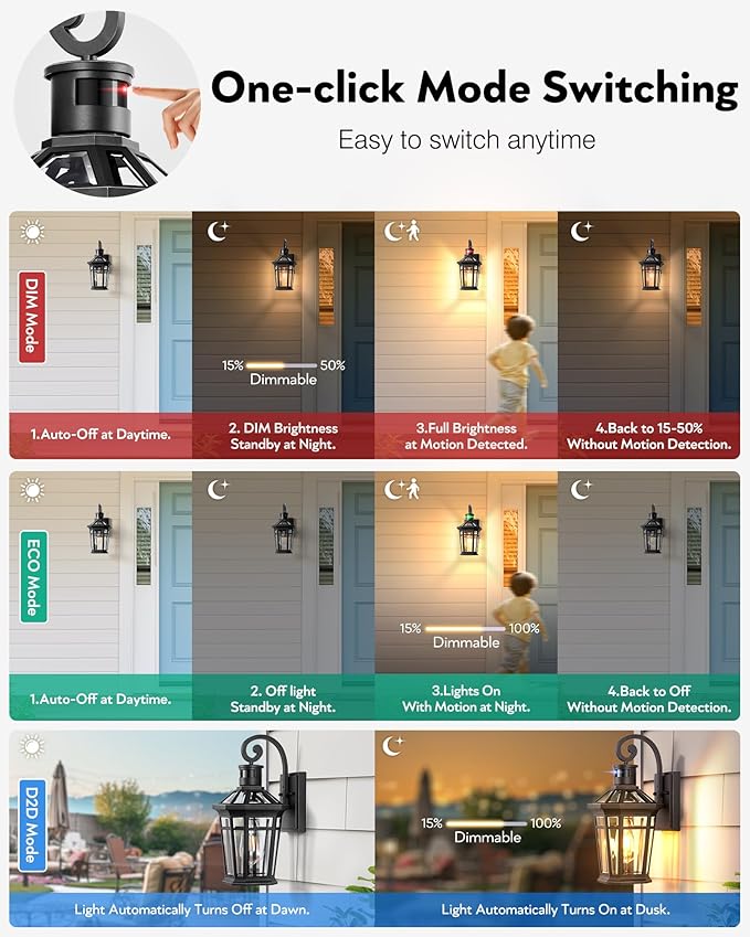 2 Packs Outdoor Lighting with Motion Sensor, Modern Dawn to Dusk Porch Light Fixture Wall Mount, Exterior Wall Lantern Sconce with Matte Black Finish, Waterproof Coach Lights for Garage, Patio