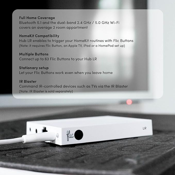 Flic Hub LR - Best Long Range Smart Home Hub with Native Support for Matter, Alexa, Homekit, Nanoleaf, Spotify, Philips Hue, Sonos, IR, Wi-Fi to Control Any Device with Flic Smart Button and Twist.