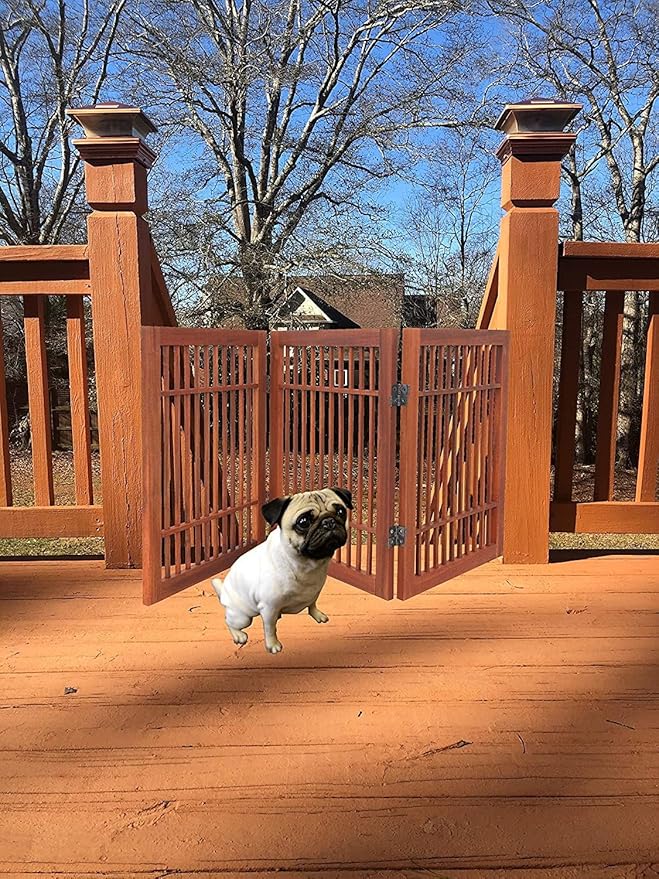 Pet Dog Gate Strong and Durable Freestanding Folding Acacia Hardwood Portable Wooden Fence Indoors or Outdoors by Urnporium (Brown Pet Gate, 3 Panel 24" Tall)