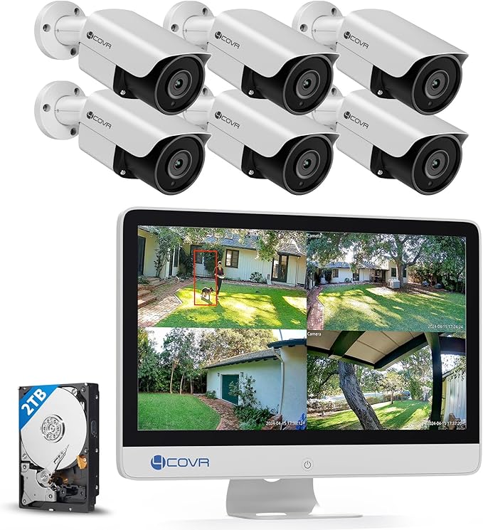 4COVR PoE Security Camera System with Monitor, AI Human/Vehicle Detection, 8CH 8MP NVR with Monitor Pre-Installed 2TB HDD, 6Pcs 5MP Wired Bullet IP Camera IP67 Night Vision, LY37EX5MU806