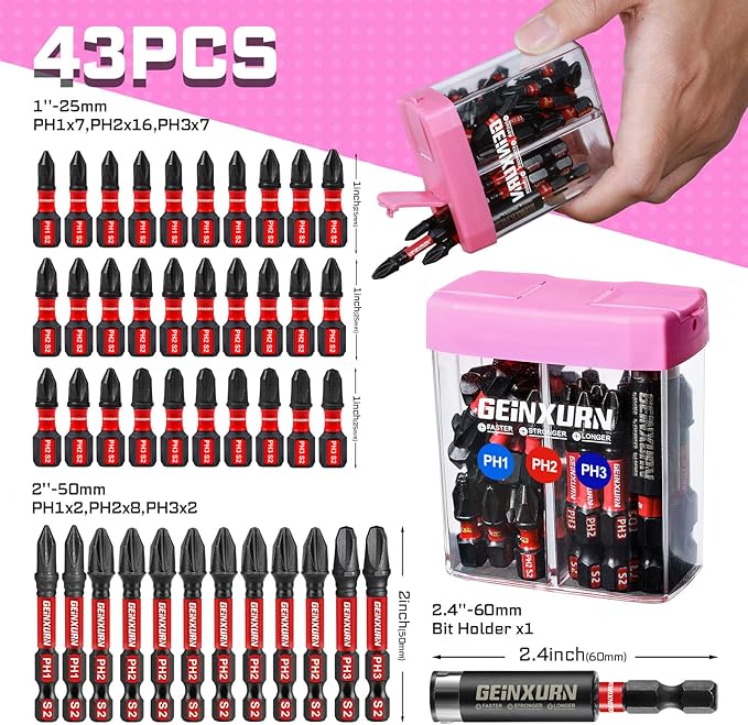 Impact Phillips Screwdriver Bits Set,43 Pcs Magnetic (PH1/PH2/PH3) S2 Steel Multi Driver Bits Tips with Storage Colorful Box