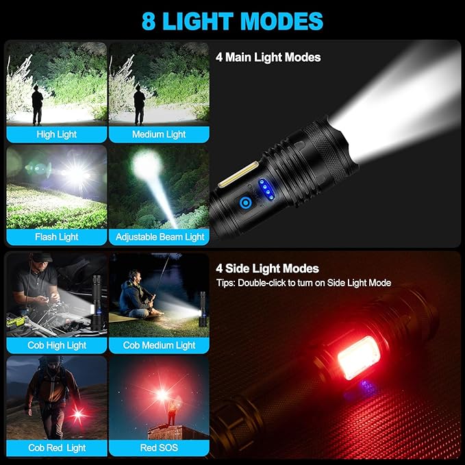 Alicegirl Rechargeable Flashlights High Lumens, 99000LM Super Bright Flashlight, Adjustable Powerful Flash Light with 8 Modes & COB Light, Waterproof Handheld Flashlight for Home Camping