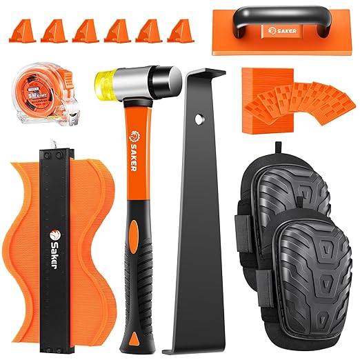 Saker Laminate Flooring Tools, 107-Piece Wood Flooring Installation Kit with 100 Flooring Spacers,Tapping Block with Handle, Pull Bar,10”Contour Gauge,Rubber Mallet,Tape Measure,Protective Knee Pads