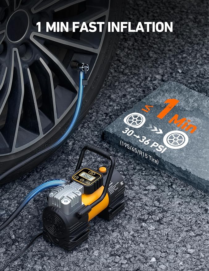 AstroAI Tire Inflator Portable Air Compressor (Up to 150 PSI) Tire Pump for Car 12V DC Digital Air Pump with 12 LEDs Super Bright Light for Bicycle, Motorcycle, Automotive Car Accessories