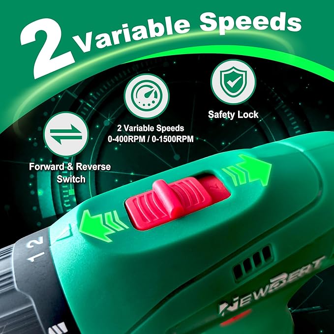 NEWBEAT Power Drill Set, 12V Cordless Drill with 2 Battery and Charger, 2 Variable Speed, 18+1 Torque Setting, Tools for Home and DIY Project