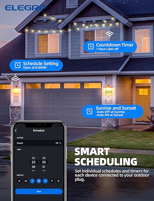 ELEGRP PQR20 Outdoor Smart Plug Waterproof IP66, WiFi Plug with 2 Individually Sockets, Compatible with Alexa & Google Assistant, Smart Outdoor Outlet for String Lights, UL Certified, 2 Pack, Black