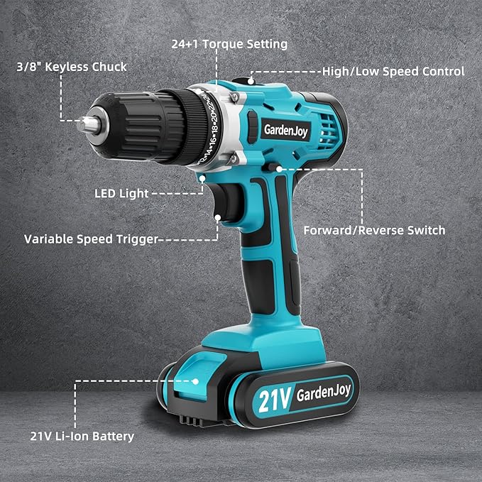 GardenJoy Cordless Power Drill Set - 21V Electric Drill Driver Kit with Battery and Fast Charger, 65pcs Acessories, 2 Variable Speed Control, 3/8-Inch Keyless Chuck and 24+1 Torque Setting