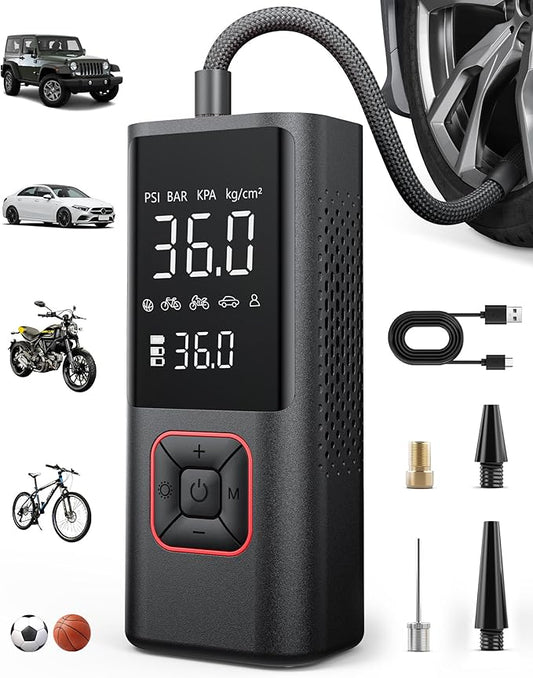 Cordless Tire Inflator Portable Air Compressor - 150PSI Air Pump with Auto Shutoff Function for Car Tires, Inflatables, Motorcycle, Balls, Compact Bike Tire Pump with LED Light, Red, Large