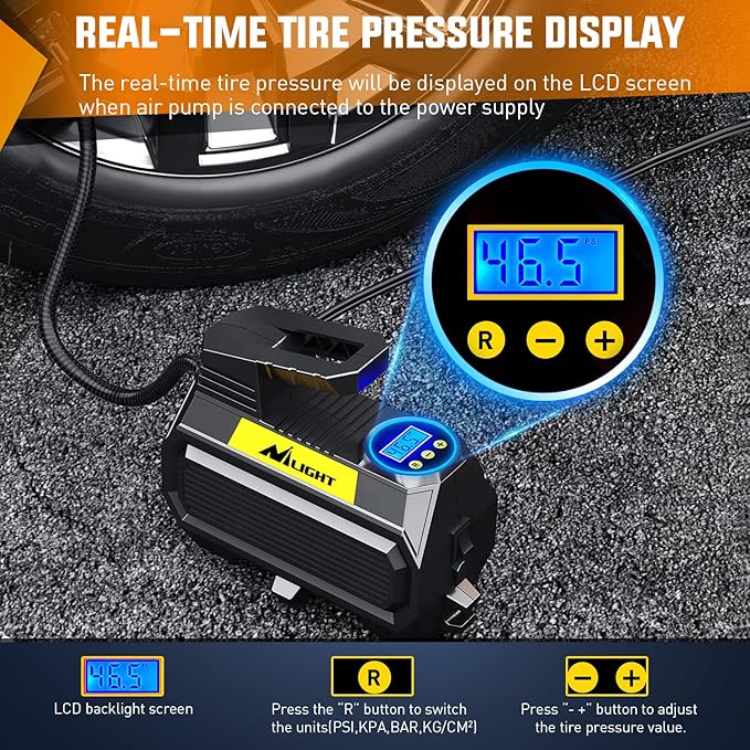 Nilight Tire Inflator Air Compressor Portable Air Pump for 12V DC Car Tires with Digital Pressure Gauge 150PSI Auto Tire Pump with LED Light for Cars ATVs Bicycles, 2 Years Warranty, 50066A