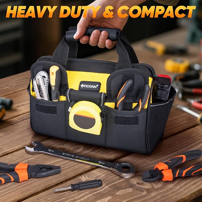 TICONN Heavy Duty Tool Bag with Multi-Pockets, Portable Tool Box Organizer Storage Bag, with Adjustable Shoulder Strap and Ergonomic Handle (Yellow, 12" Standard Base)