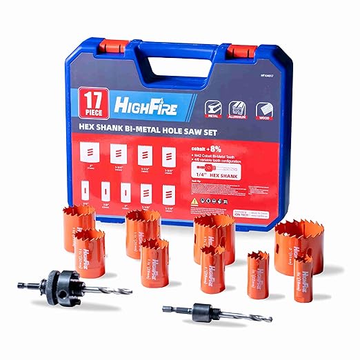HIGHFIRE 17 Pcs 1/4" Hex Shank Hole Saw Kit for Impact Driver, 3/4" to 2" Bi-Metal Heavy Duty Hole Cutter for Metal, Wood and Plastic, Smooth and Precise, Fast Chip Removal.