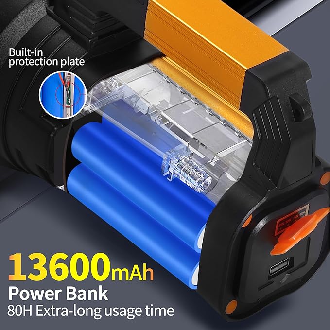 Rechargeable 2000LM Spotlight Flashlight 13600mAh LED Spotlight IP67 Waterproof Handheld Flashlight with Double Side Lights Modes LED Flashligth Outdoor Huting Boat