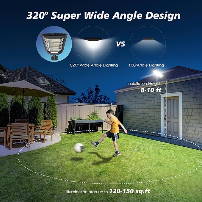 Solar Lights Outdoor Waterproof, 320° Wide Angle Solar Street Lights Outdoor Dusk to Dawn, Solar Flood Lights Outdoor Motion Sensor with Remote, Super Bright LED Solar Security Lights for Yard 2-Pack