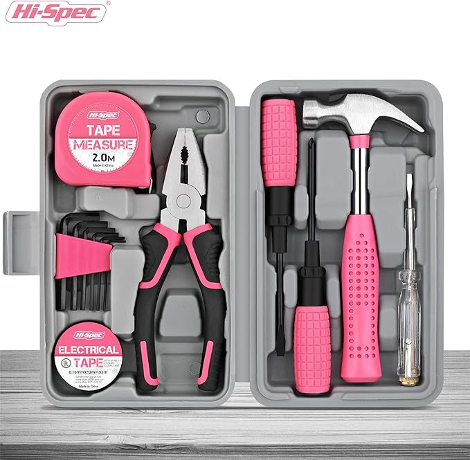 Hi-Spec 13pc Pink Small Compact Womens Ladies Hand Mini Tool Kit Set for Home & Office DIY. Household Basic Repairs in a Portable Toolbox Case