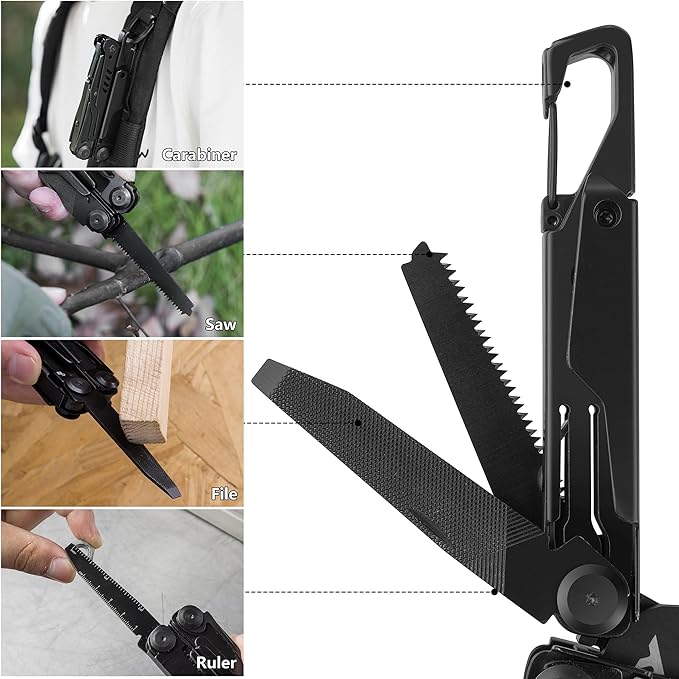 FLISSA 15-in-1 Multi-tool Pliers with Sheath, Portable Pocket Knife with Safety Locking System, Belt Clip and Sheath for Outdoors, Survival, Camping, Fishing, Hunting