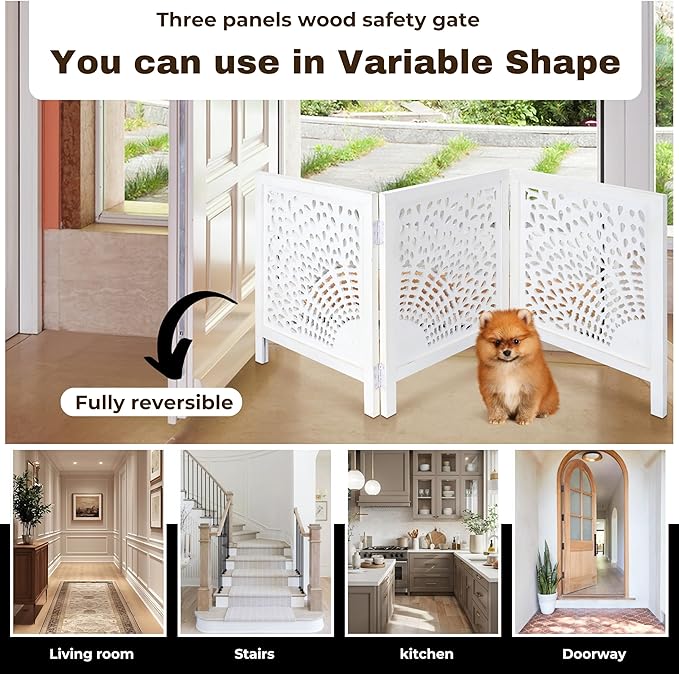 Wooden Dog Gate 20" Wide x3 Panels,White Wash Color, Total 60 inch Wide, Foldable Free Standing Dog Gate Indoor,Dcorative Gates Doorways, 3 Panels Pet Gate Extra 24" Height Bedding Craft