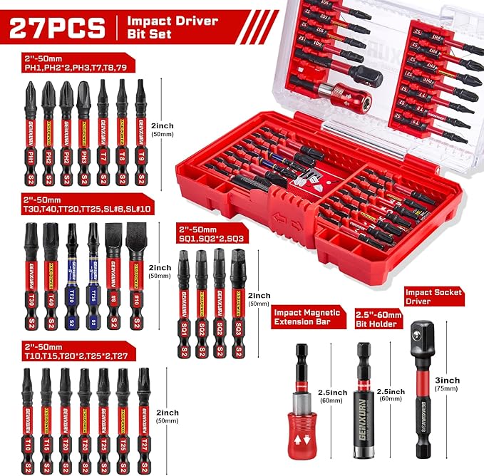 27Pieces Impact Screwdriver Bits Set, Magnetic S2 Steel Phillips/Slotted/Square/Torx Insert Power Bits Tips, Impact Bit Holder and Impact Socket Adapte with Pink Storage Box Case