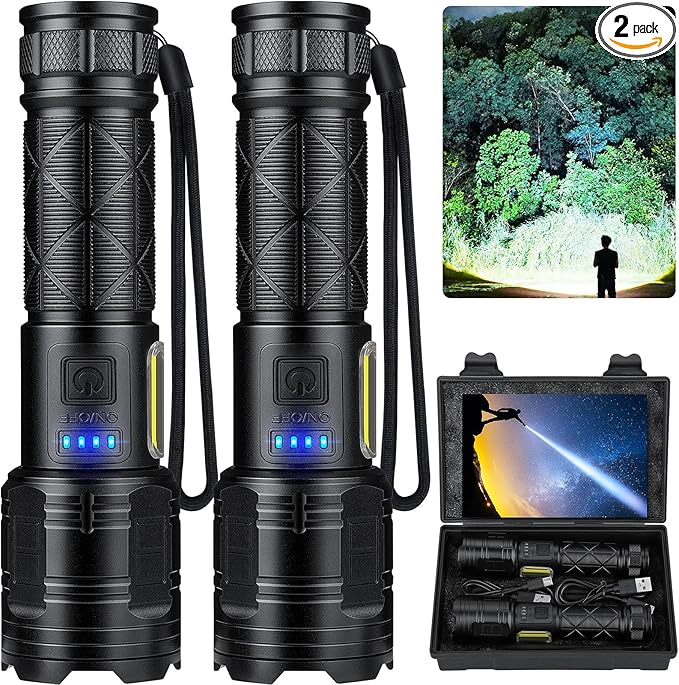 Rechargeable LED Flashlights High Lumens, 99,000 Lumen Super Bright Flashlight with 7 Modes & Waterproof, Powerful USB Rechargeable Handheld Flash Light for Camping Home(2 Pack)