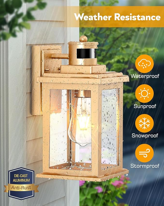 VIANIS Motion Sensor Outdoor Wall Lights Sconce, 2 Pack Dusk to Dawn Outdoor Light Fixture, Gold Waterproof Outdoor Motion Sensor Light for House, Doorway, Entryway, Garden,Hardwired, Non-Solar