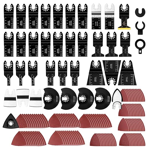 159 PCS Oscillating Saw Blades with Sandpaper, Universal Titanium Multitool Blades for Wood/Plastics/Metal, Quick Release Multi Tool Kits Compatible with Dewalt, Ridgid, Ryobi, Rockwell
